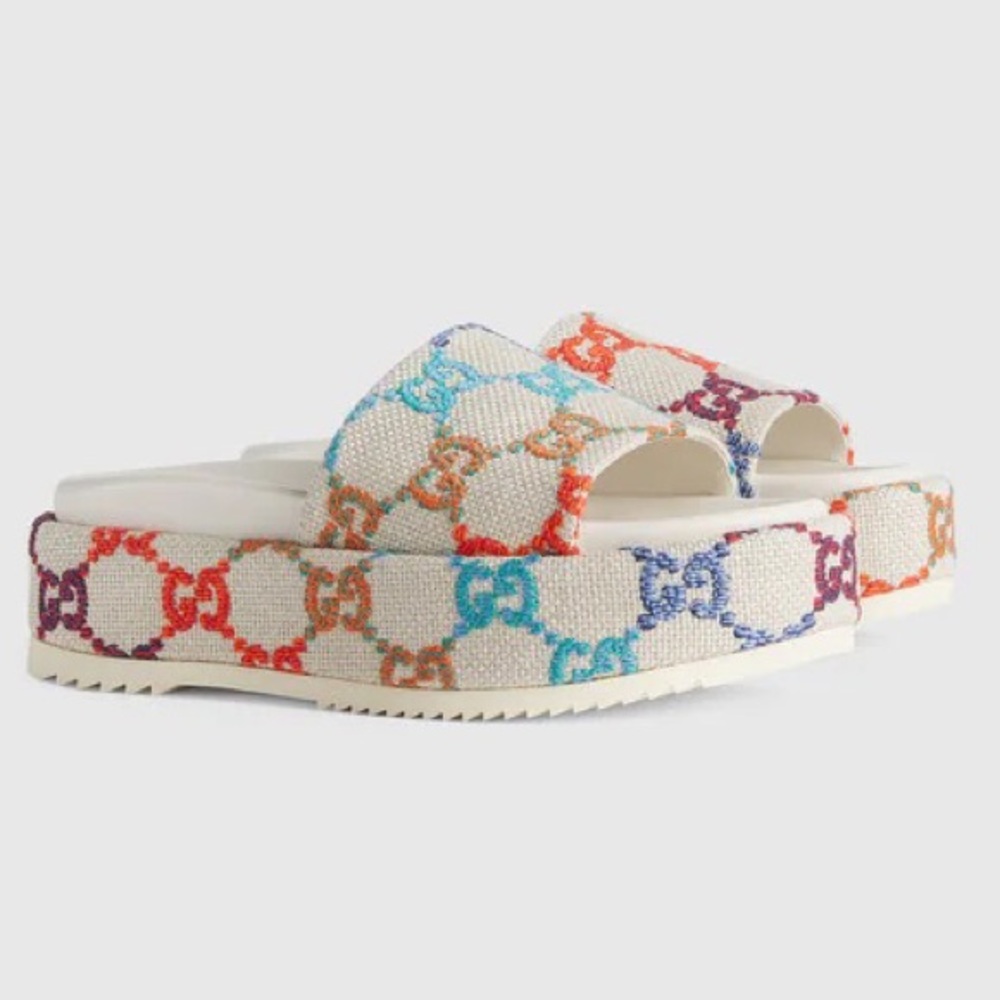 GUCCI Platform Multicolor logo print canvas slides - Picture 1 of 15